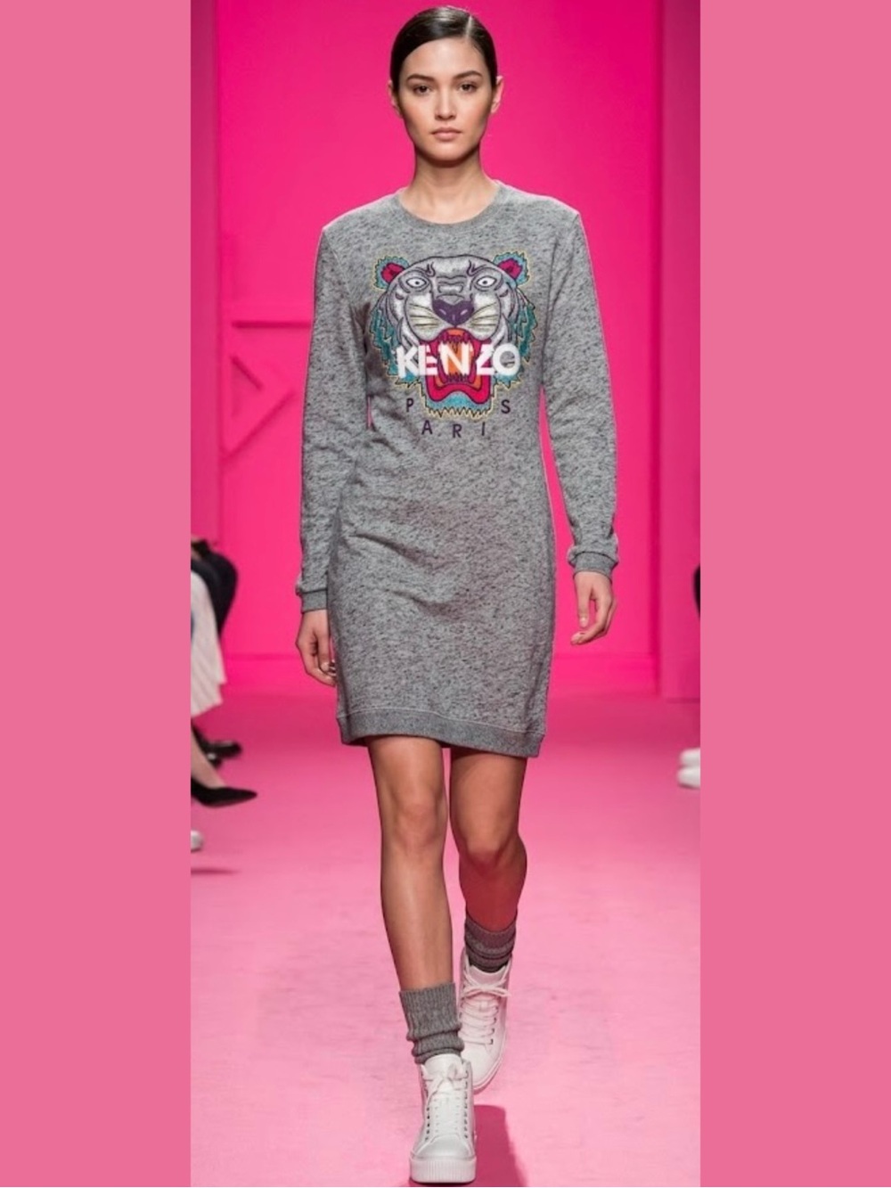 Kenzo Grey Melange Knit Embroidered Tiger Motif Sweater Dress S